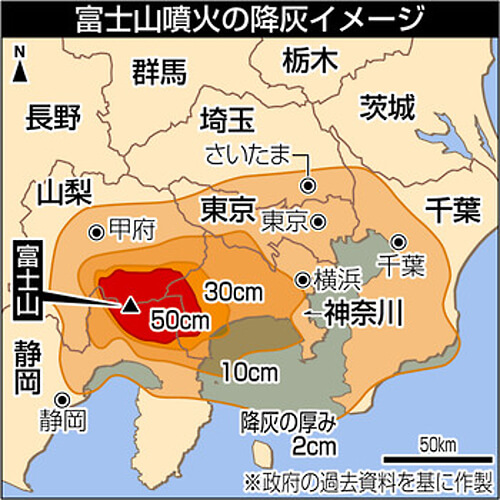 富士山噴火による降灰の予想量の画像