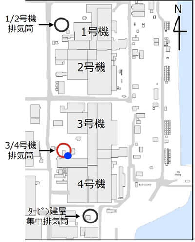 福島原発1号機~4号機の配置図