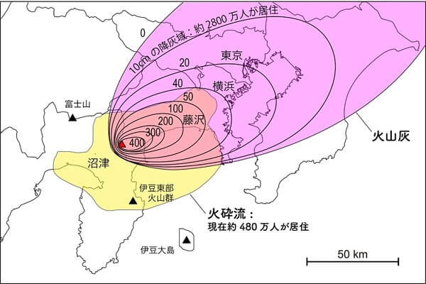 箱根山噴火にともなう火砕流と火山灰の到達範囲