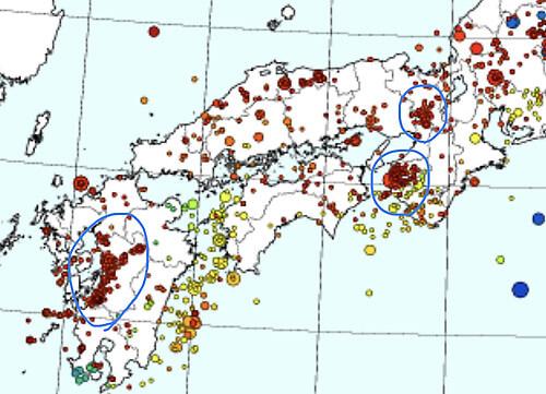 西日本の地震震度分布図