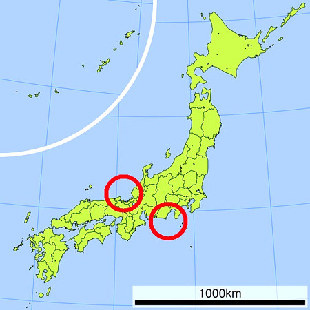 予知夢で見た地震が起こる場所を示した地図