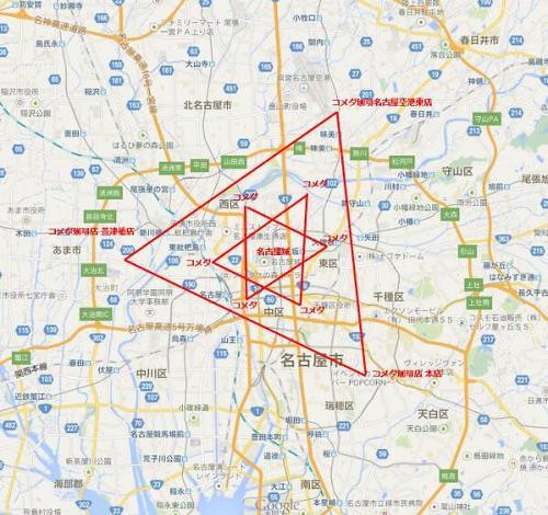 名古屋の「コメダ珈琲」を線で結ぶと六芒星が現われる地図