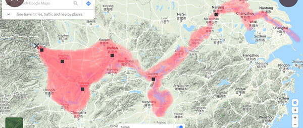 三峡ダムの決壊で被害が出るエリアを示した地図